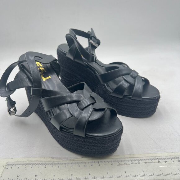 FSJ Black Open Toe Espadrille Platform Ankle Strap Wedge Sandals Woven Shoes - Picture 4 of 8